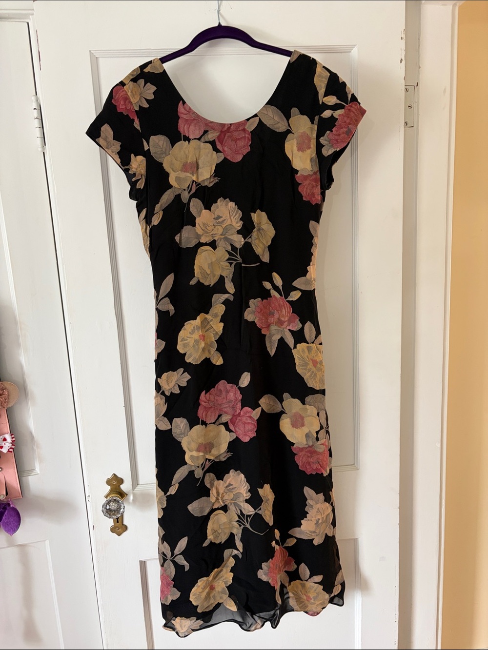 Donna Ricco Black Floral Scoop-Neck Midi Dress with Pink & Cream Blooms